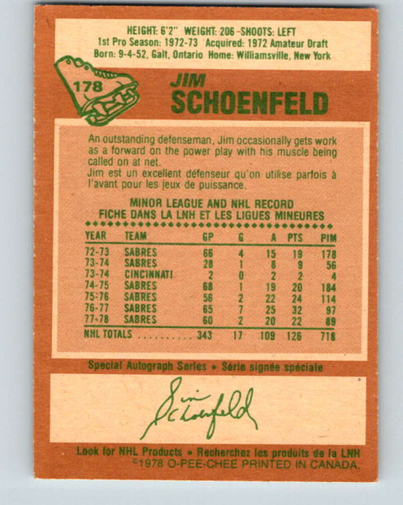 1978-79 O-Pee-Chee #178 Jim Schoenfeld  Buffalo Sabres  V23390