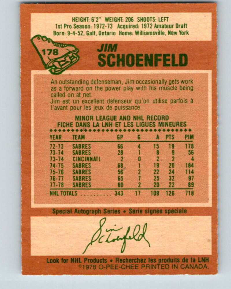 1978-79 O-Pee-Chee #178 Jim Schoenfeld  Buffalo Sabres  V23391