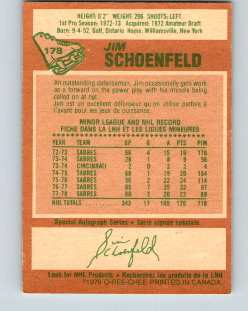 1978-79 O-Pee-Chee #178 Jim Schoenfeld  Buffalo Sabres  V23392