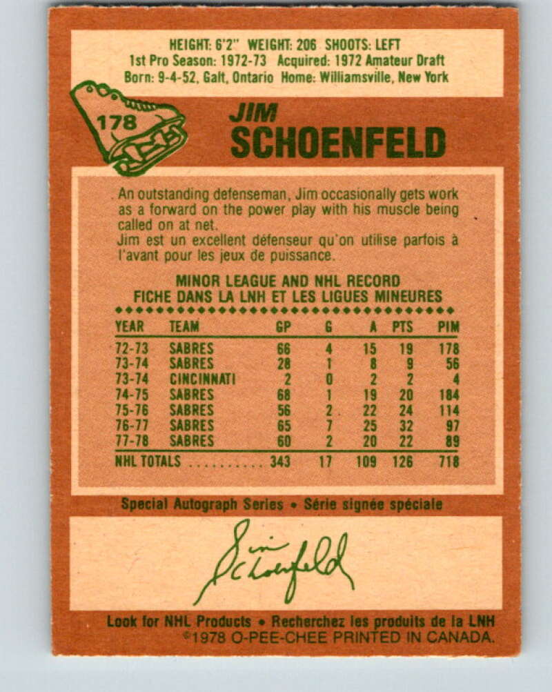 1978-79 O-Pee-Chee #178 Jim Schoenfeld  Buffalo Sabres  V23393