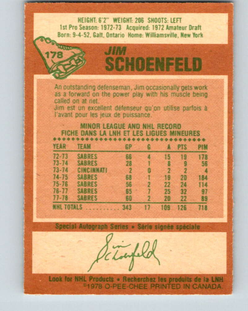 1978-79 O-Pee-Chee #178 Jim Schoenfeld  Buffalo Sabres  V23395