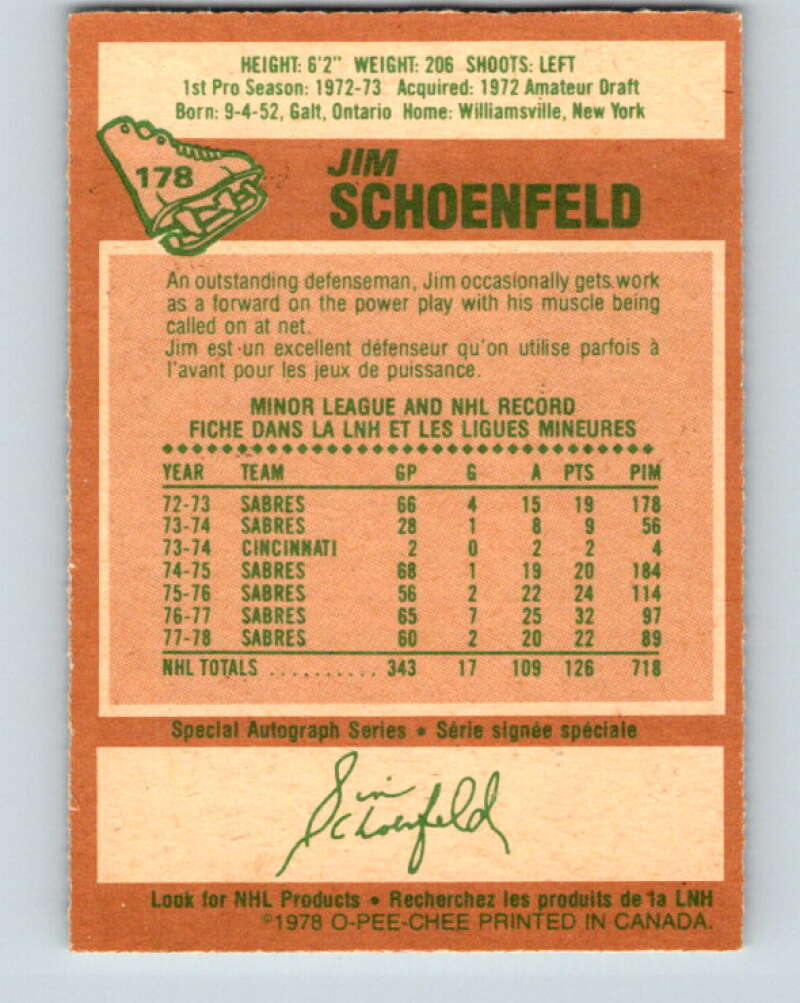 1978-79 O-Pee-Chee #178 Jim Schoenfeld  Buffalo Sabres  V23402