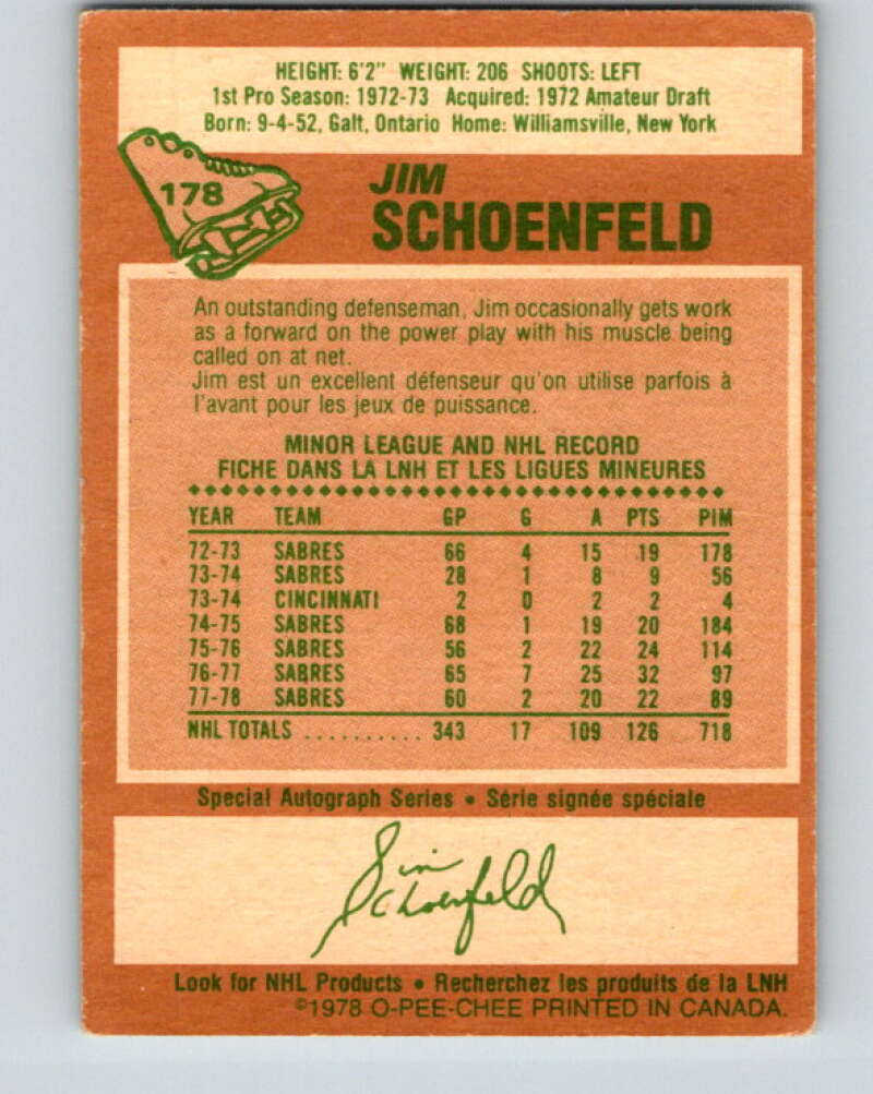 1978-79 O-Pee-Chee #178 Jim Schoenfeld  Buffalo Sabres  V23405