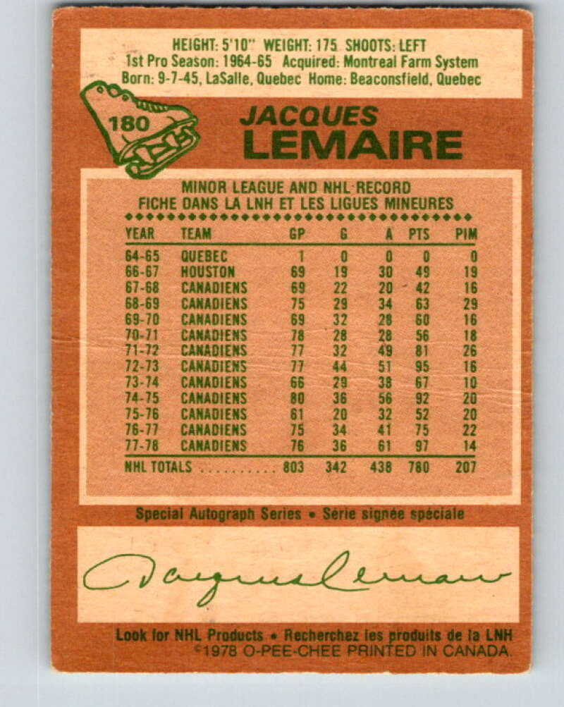 1978-79 O-Pee-Chee #180 Jacques Lemaire Canadiens  V23428