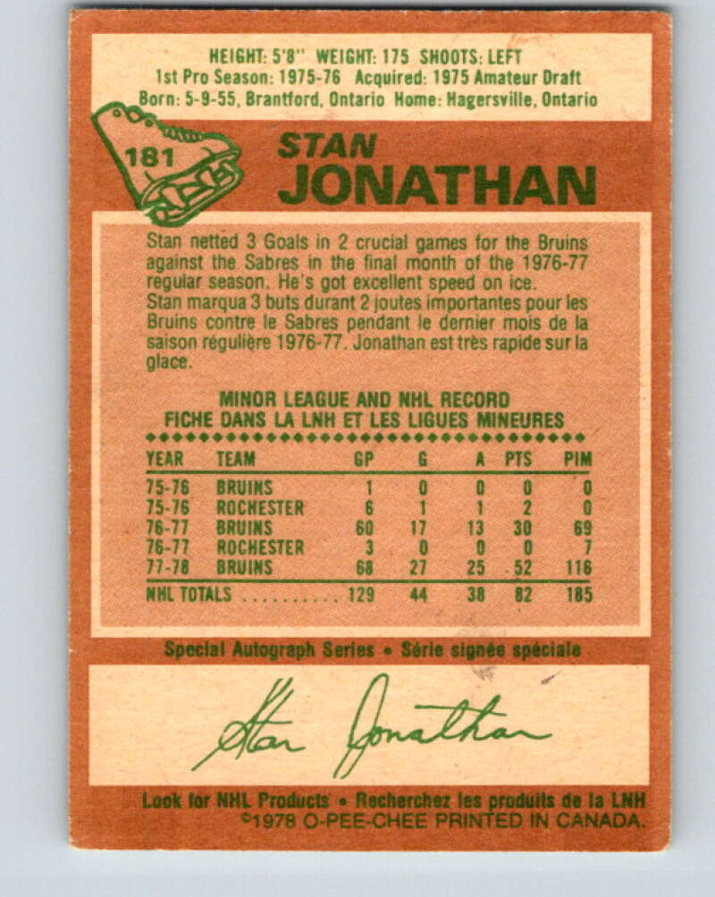 1978-79 O-Pee-Chee #181 Stan Jonathan  Boston Bruins  V23444