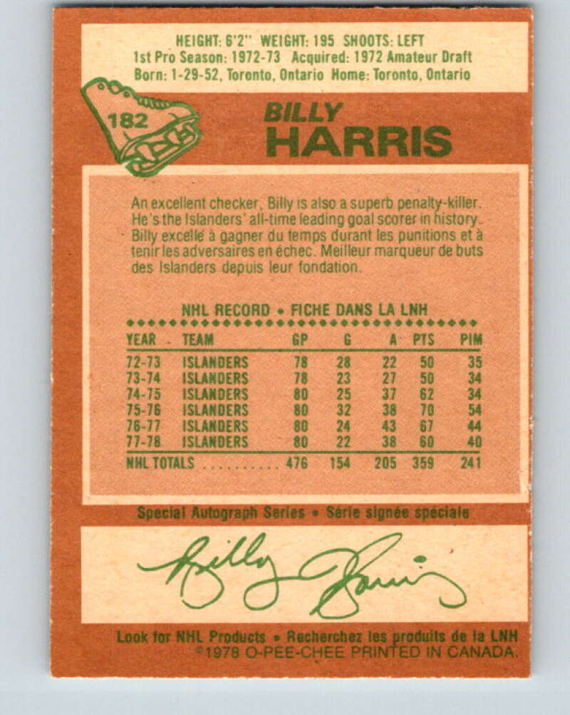 1978-79 O-Pee-Chee #182 Billy Harris  New York Islanders  V23455