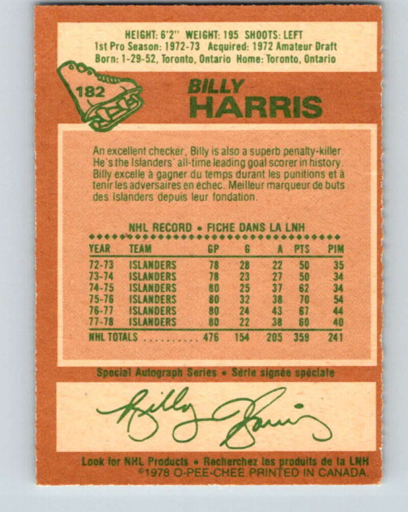 1978-79 O-Pee-Chee #182 Billy Harris  New York Islanders  V23465