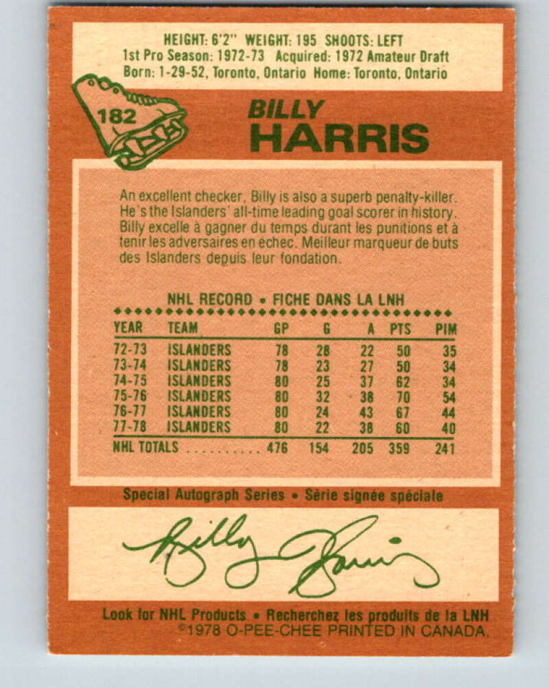 1978-79 O-Pee-Chee #182 Billy Harris  New York Islanders  V23466