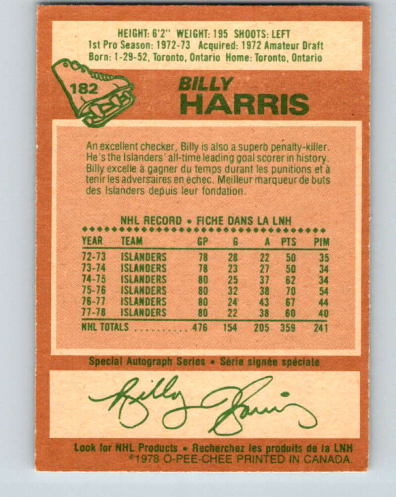 1978-79 O-Pee-Chee #182 Billy Harris  New York Islanders  V23468