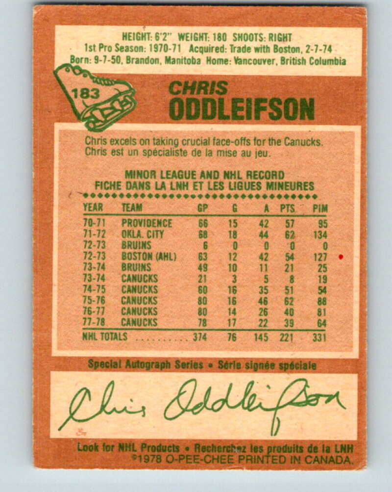 1978-79 O-Pee-Chee #183 Chris Oddleifson Canucks  V23481