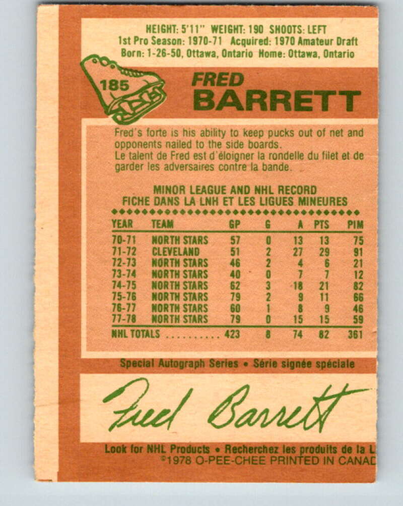 1978-79 O-Pee-Chee #185 Fred Barrett  Minnesota North Stars  V23504