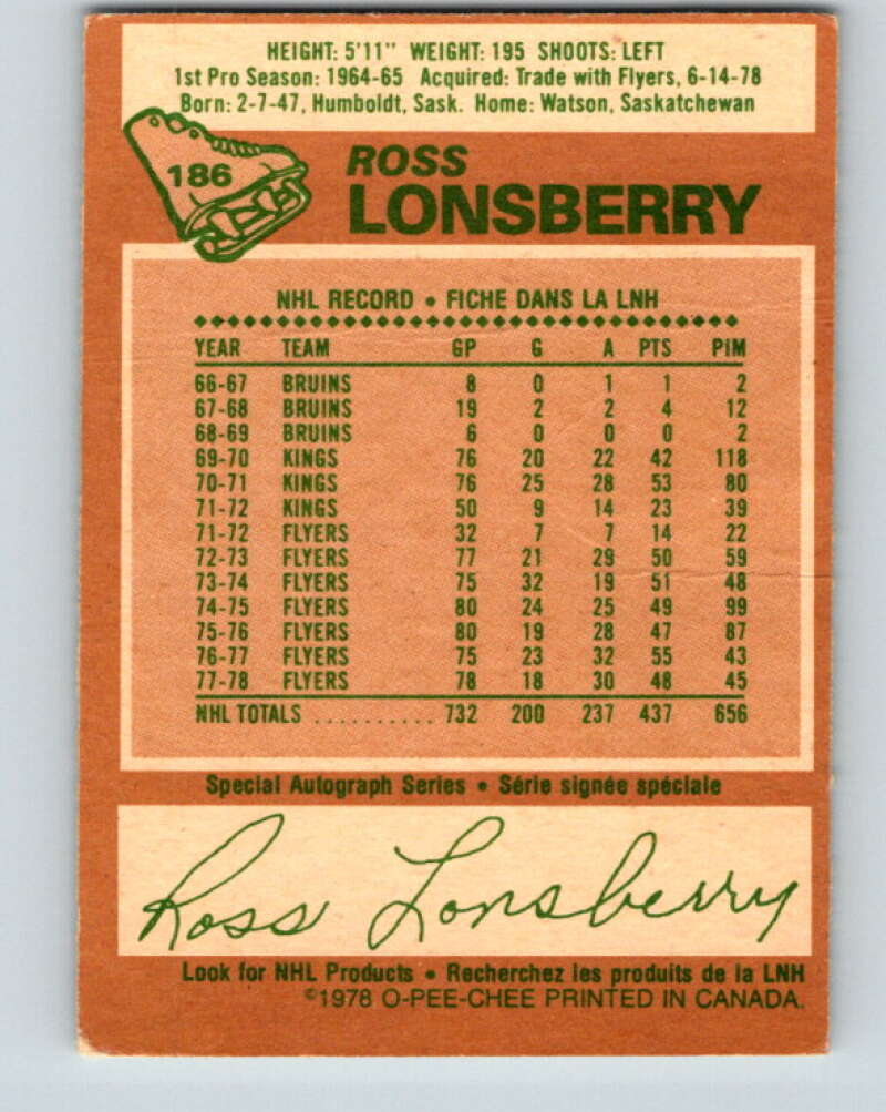 1978-79 O-Pee-Chee #186 Ross Lonsberry Penguins  V23523