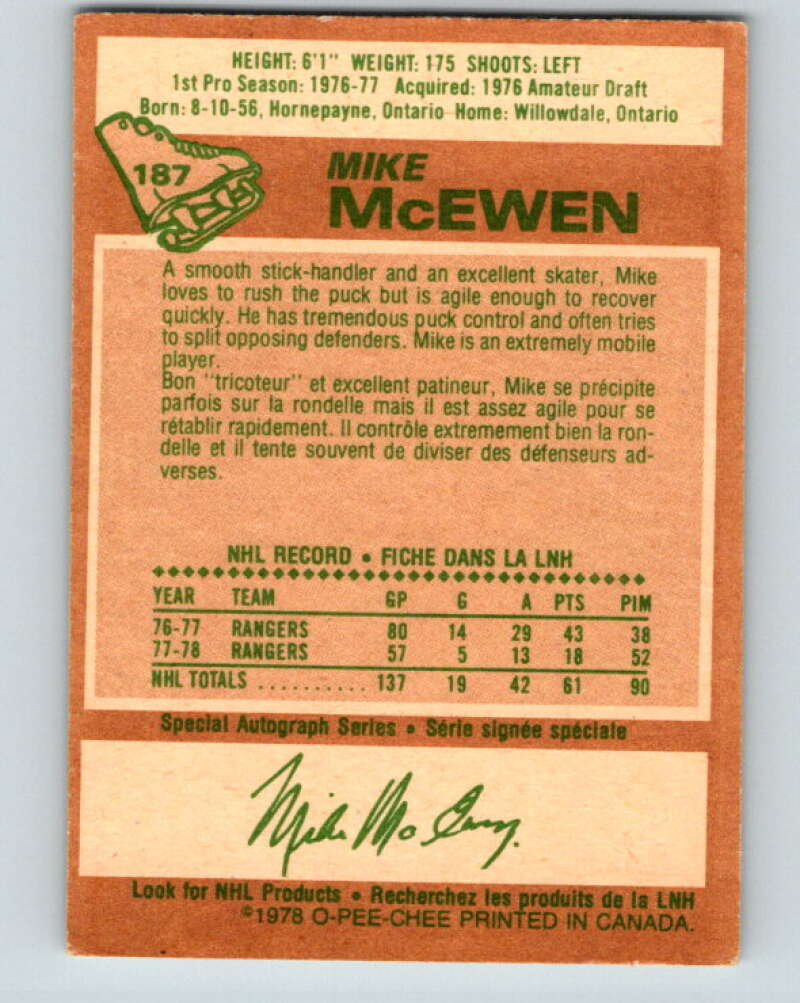 1978-79 O-Pee-Chee #187 Mike McEwen  New York Rangers  V23525