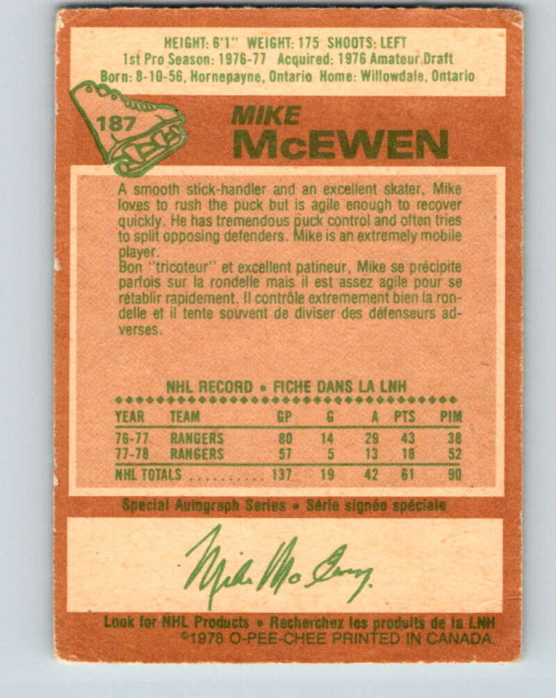 1978-79 O-Pee-Chee #187 Mike McEwen  New York Rangers  V23526