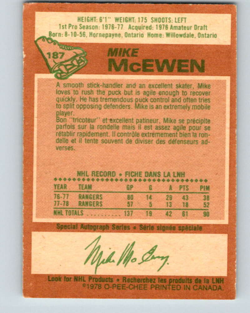 1978-79 O-Pee-Chee #187 Mike McEwen  New York Rangers  V23528