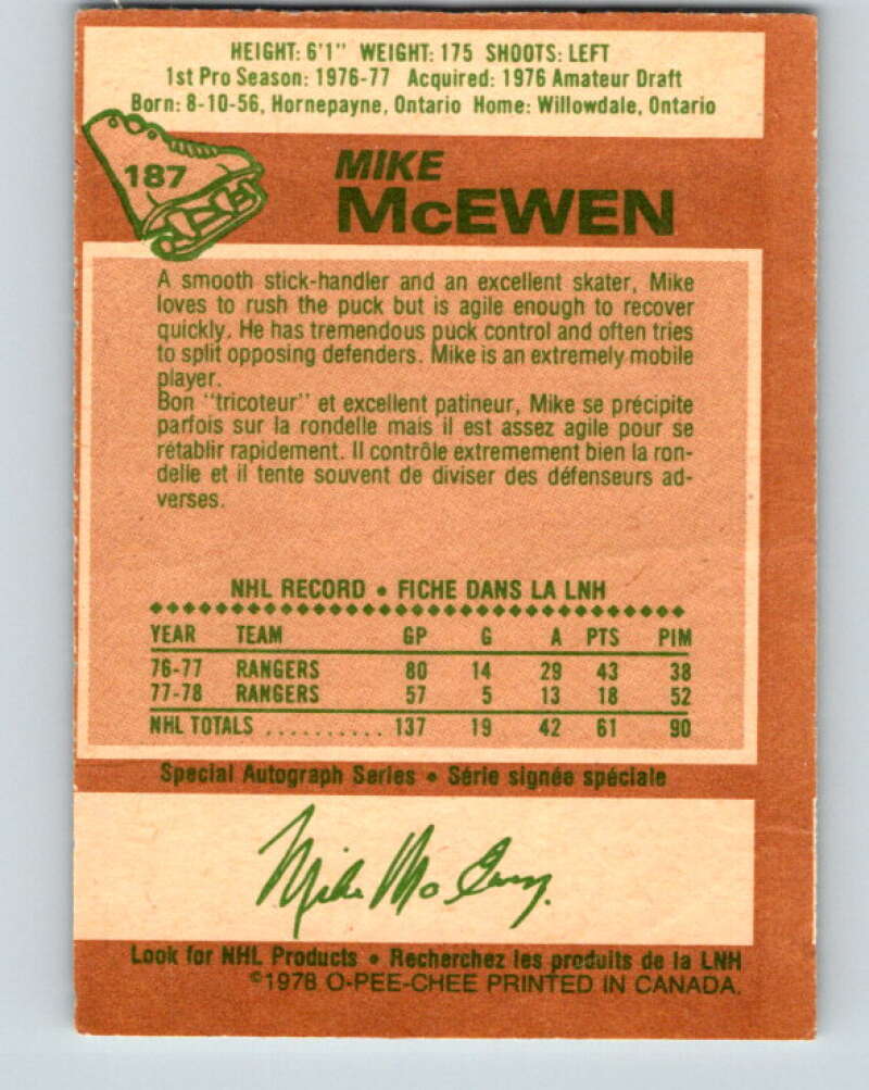 1978-79 O-Pee-Chee #187 Mike McEwen  New York Rangers  V23530