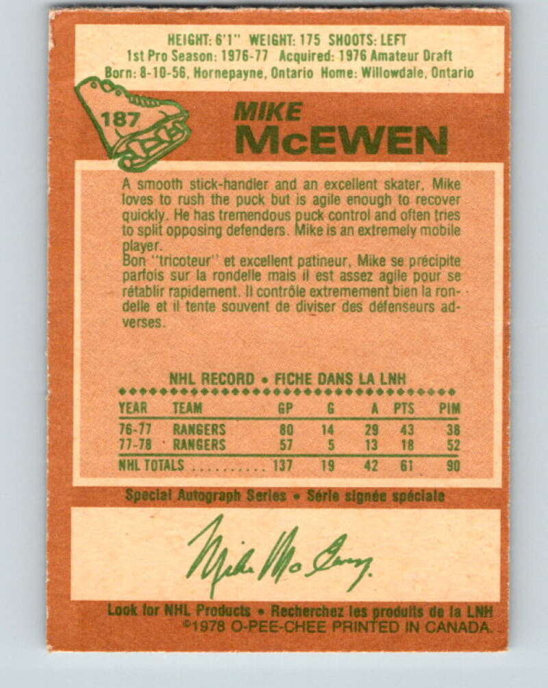 1978-79 O-Pee-Chee #187 Mike McEwen  New York Rangers  V23534