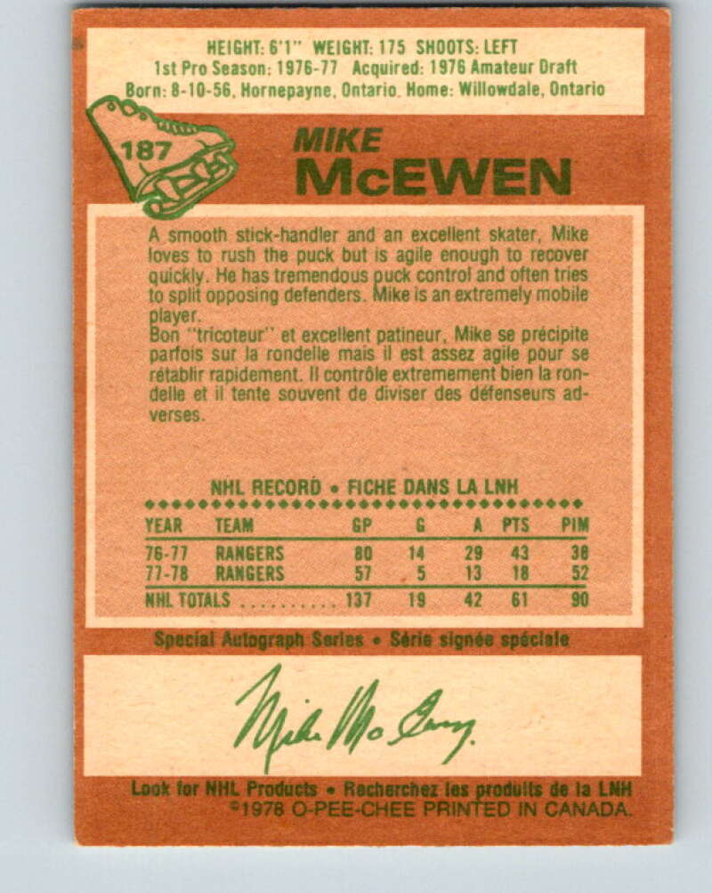 1978-79 O-Pee-Chee #187 Mike McEwen  New York Rangers  V23535