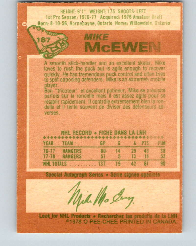 1978-79 O-Pee-Chee #187 Mike McEwen  New York Rangers  V23536