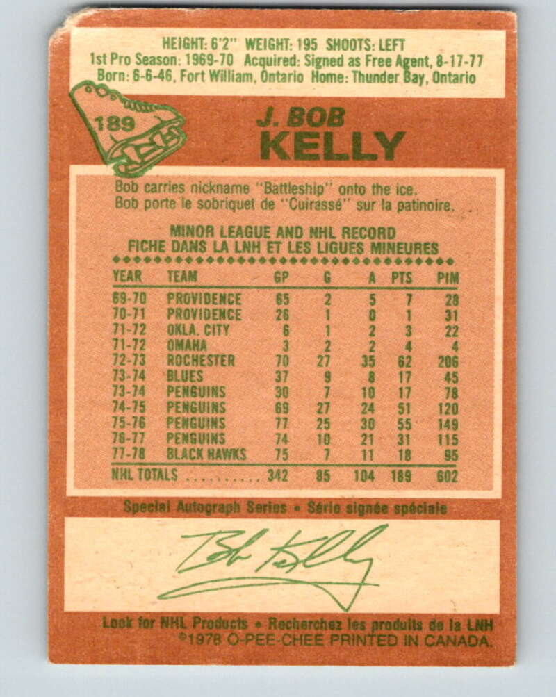 1978-79 O-Pee-Chee #189 J. Bob Kelly  Chicago Blackhawks  V23561