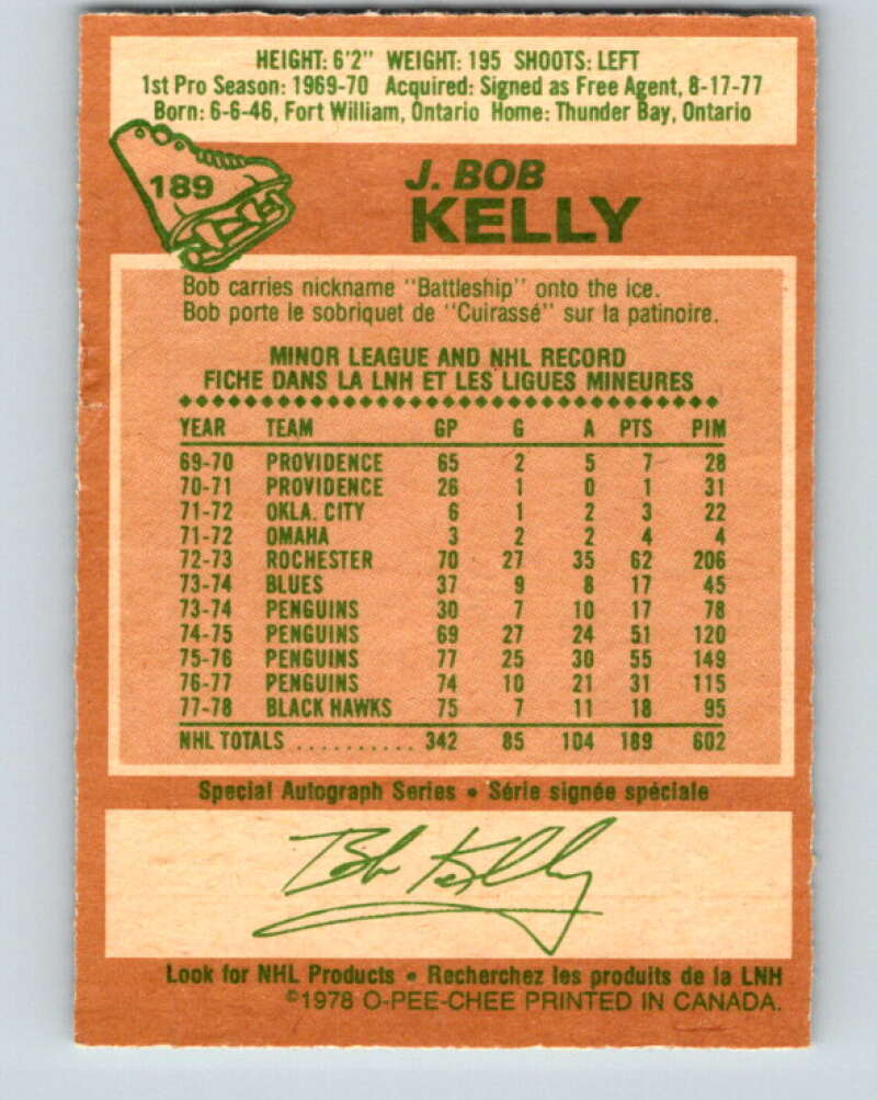 1978-79 O-Pee-Chee #189 J. Bob Kelly  Chicago Blackhawks  V23562