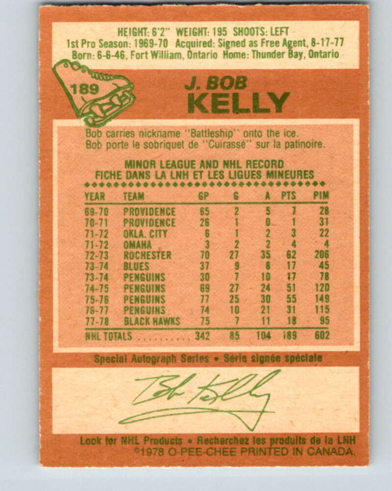 1978-79 O-Pee-Chee #189 J. Bob Kelly  Chicago Blackhawks  V23563