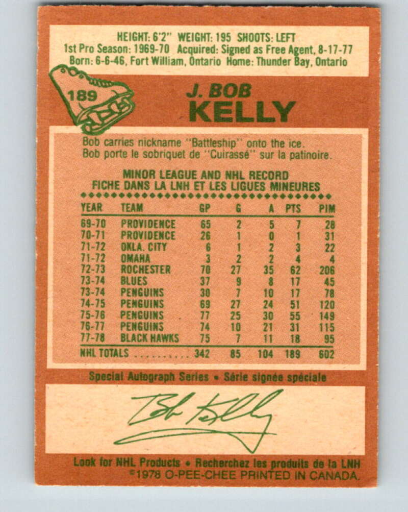 1978-79 O-Pee-Chee #189 J. Bob Kelly  Chicago Blackhawks  V23565