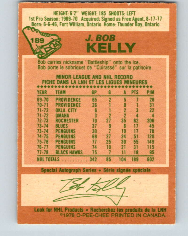 1978-79 O-Pee-Chee #189 J. Bob Kelly  Chicago Blackhawks  V23566