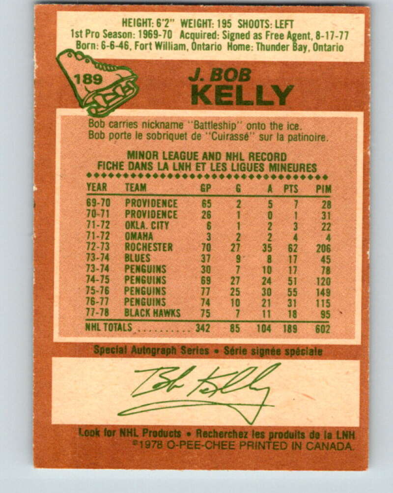 1978-79 O-Pee-Chee #189 J. Bob Kelly  Chicago Blackhawks  V23568