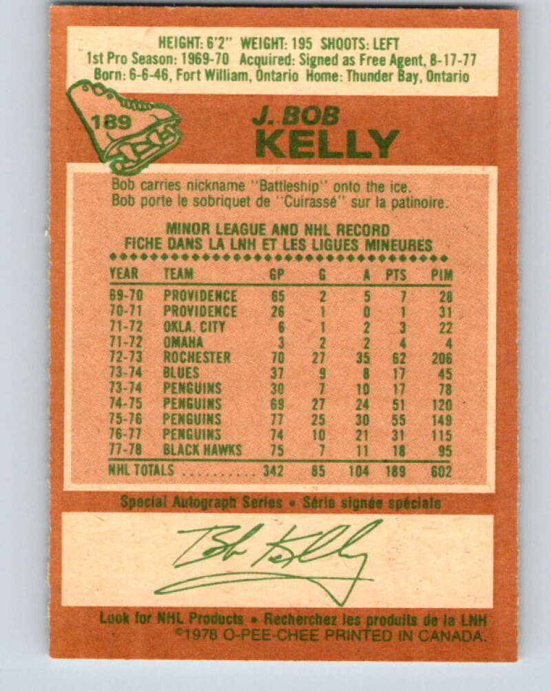 1978-79 O-Pee-Chee #189 J. Bob Kelly  Chicago Blackhawks  V23569