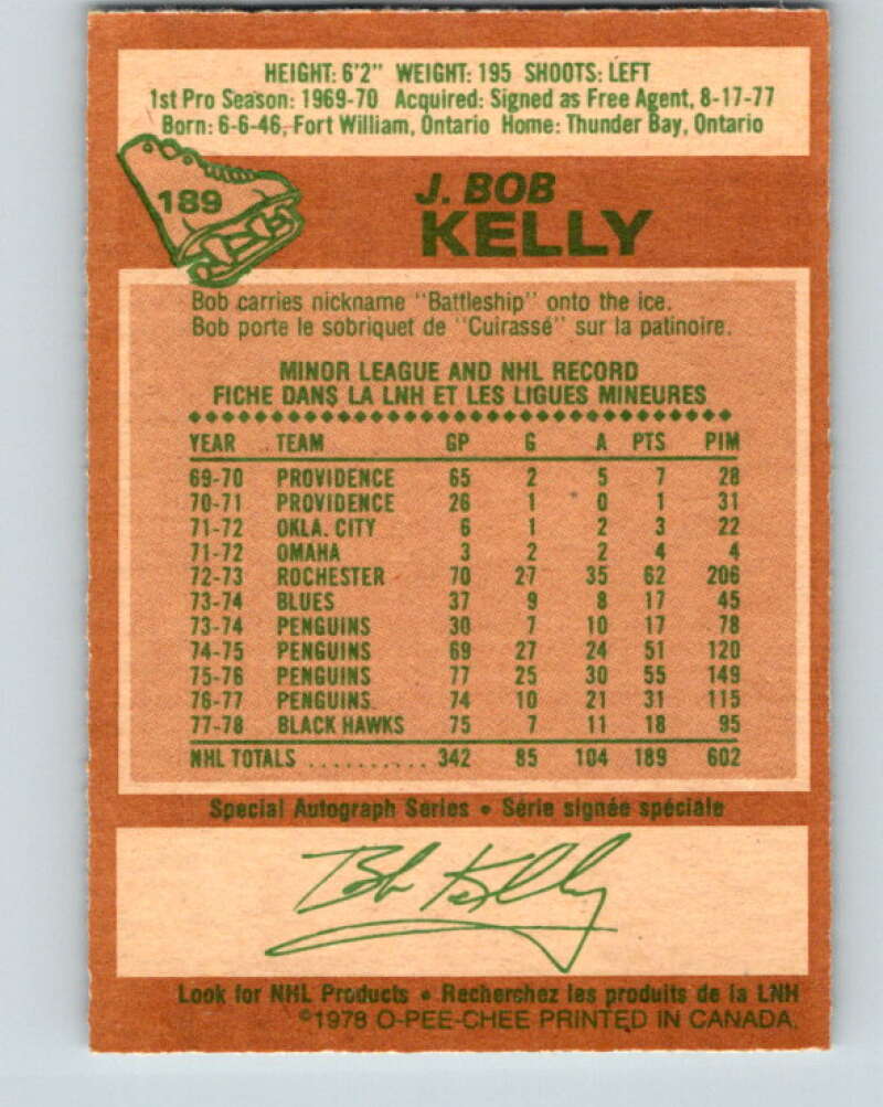 1978-79 O-Pee-Chee #189 J. Bob Kelly  Chicago Blackhawks  V23570