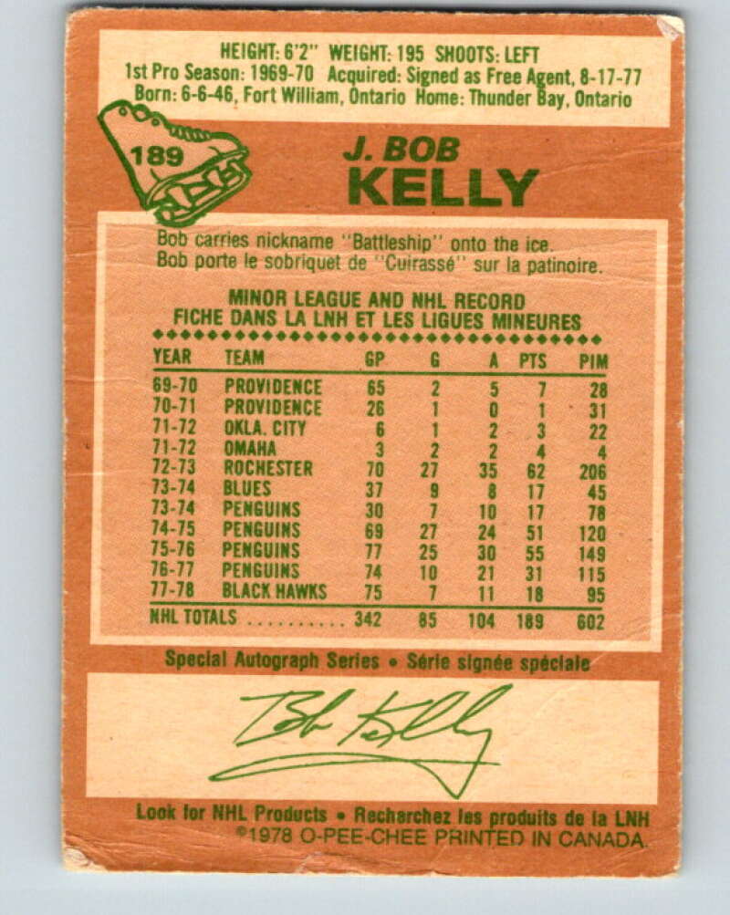 1978-79 O-Pee-Chee #189 J. Bob Kelly  Chicago Blackhawks  V23571
