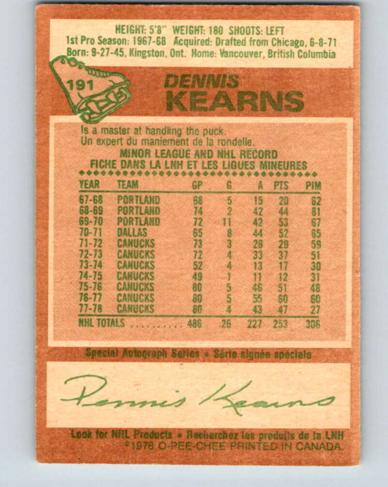 1978-79 O-Pee-Chee #191 Dennis Kearns  Vancouver Canucks  V23576