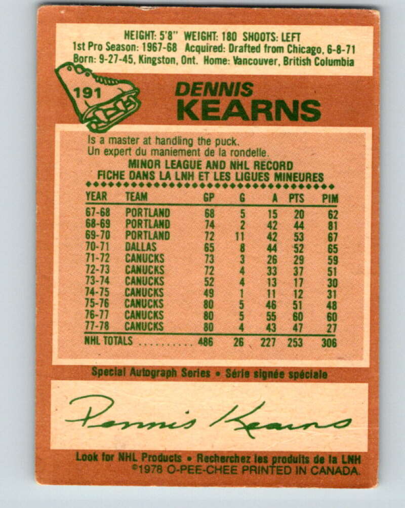 1978-79 O-Pee-Chee #191 Dennis Kearns  Vancouver Canucks  V23577