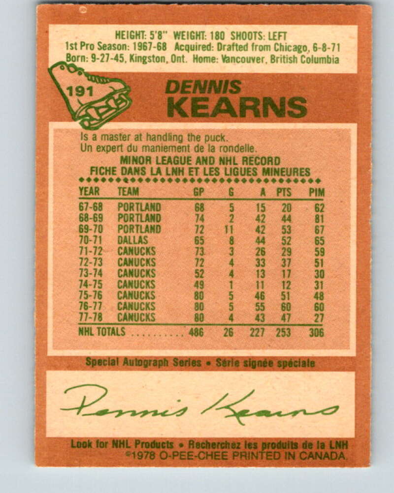 1978-79 O-Pee-Chee #191 Dennis Kearns  Vancouver Canucks  V23581