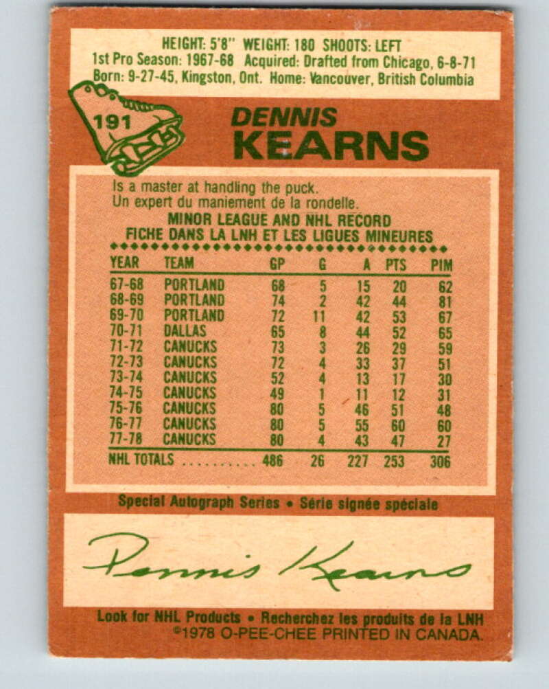 1978-79 O-Pee-Chee #191 Dennis Kearns  Vancouver Canucks  V23582