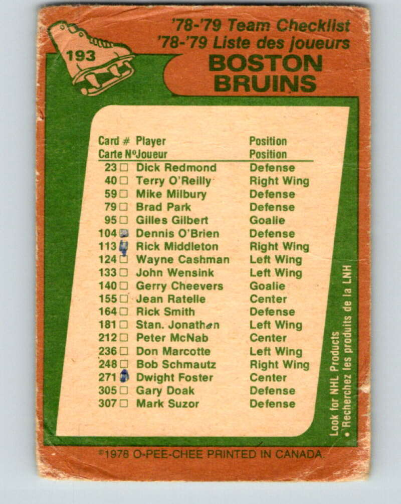 1978-79 O-Pee-Chee #193 Boston Bruins TC   V23593