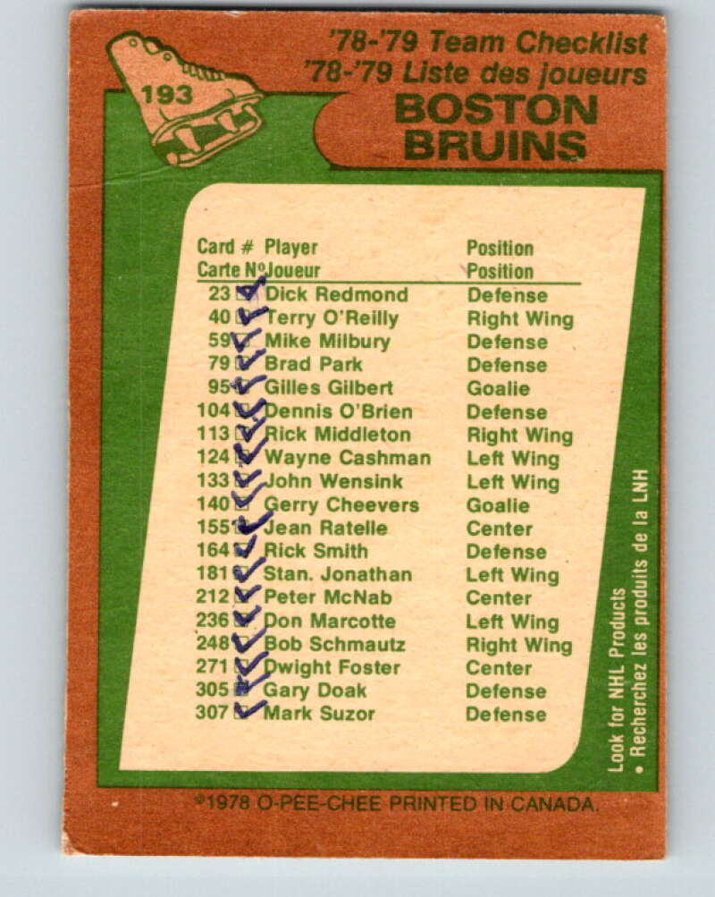 1978-79 O-Pee-Chee #193 Boston Bruins TC   V23594