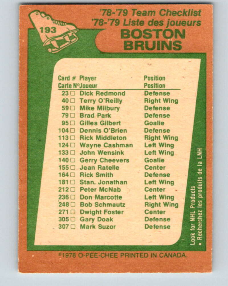 1978-79 O-Pee-Chee #193 Boston Bruins TC   V23597