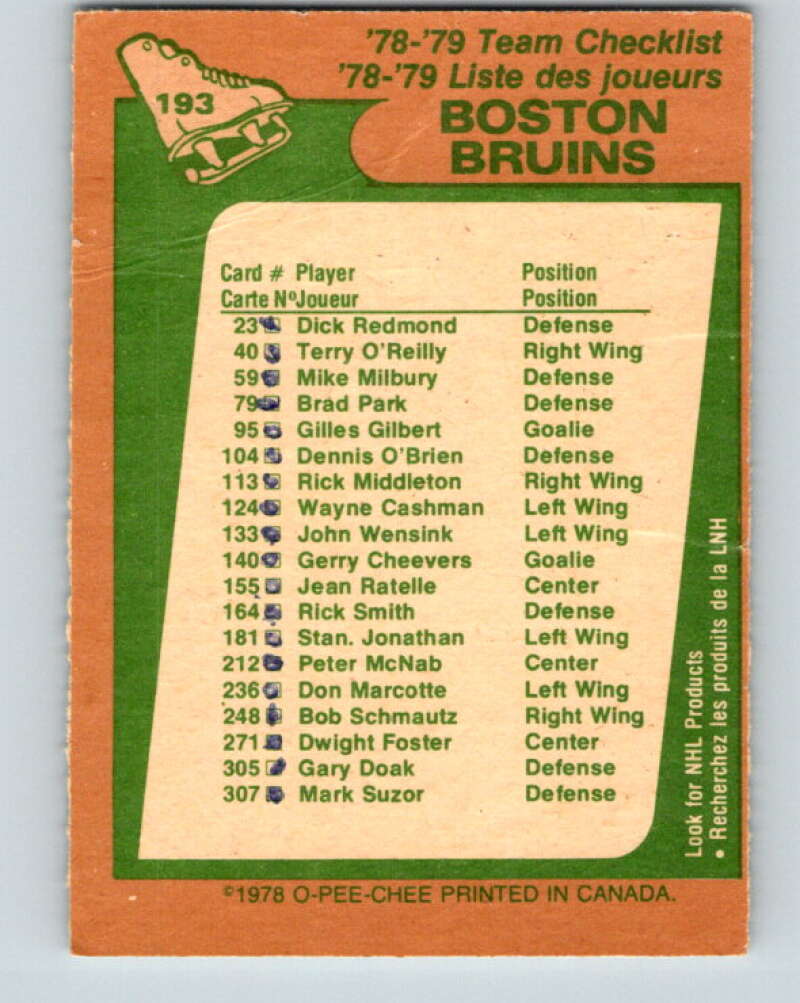 1978-79 O-Pee-Chee #193 Boston Bruins TC   V23598