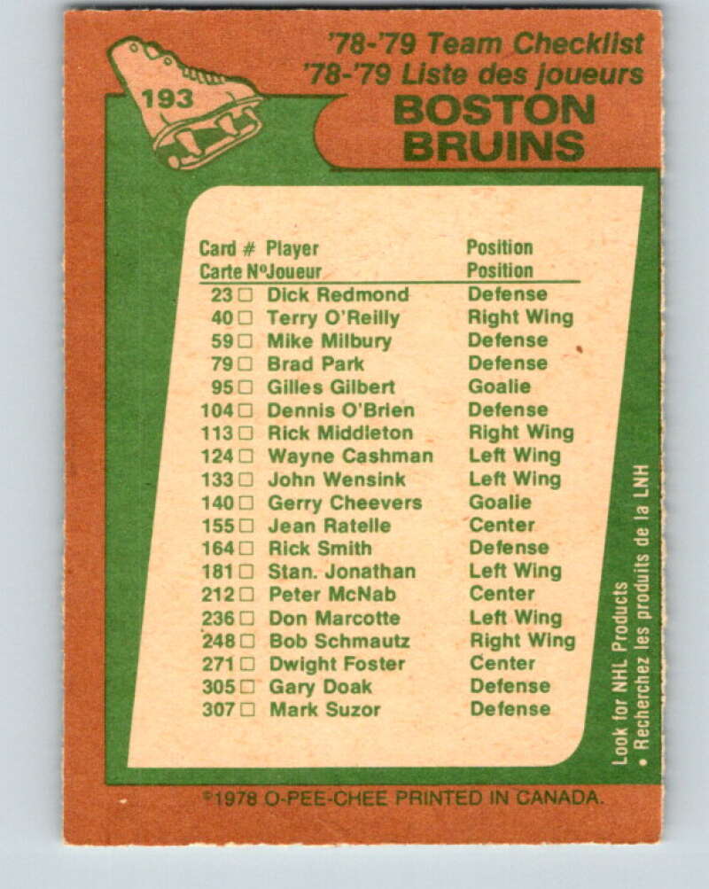 1978-79 O-Pee-Chee #193 Boston Bruins TC   V23600