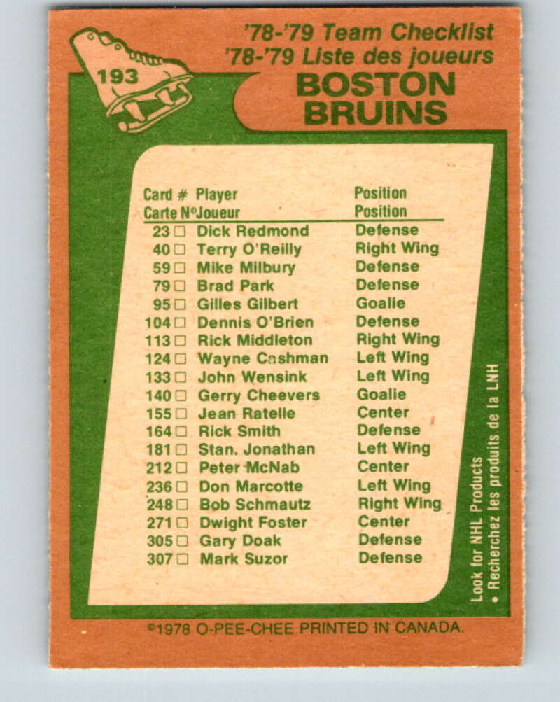 1978-79 O-Pee-Chee #193 Boston Bruins TC   V23601