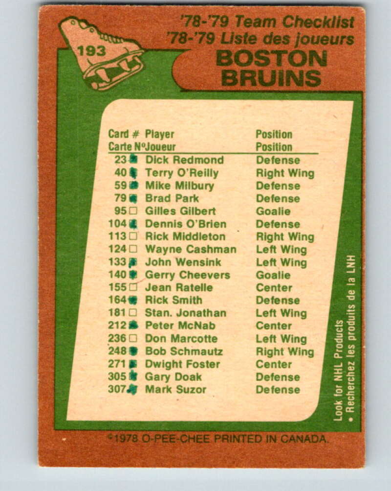 1978-79 O-Pee-Chee #193 Boston Bruins TC   V23602
