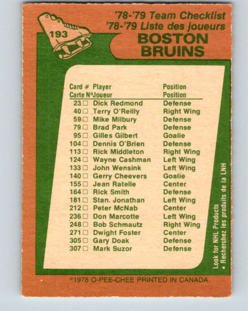 1978-79 O-Pee-Chee #193 Boston Bruins TC   V23603