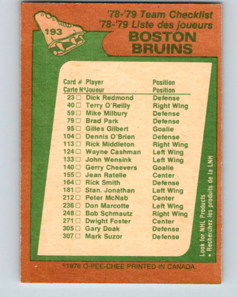 1978-79 O-Pee-Chee #193 Boston Bruins TC   V23605