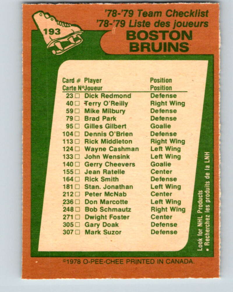 1978-79 O-Pee-Chee #193 Boston Bruins TC   V23606