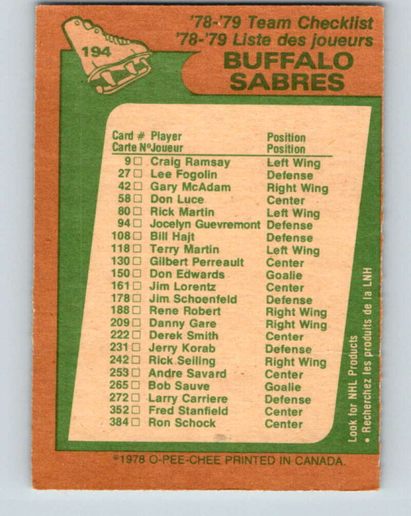 1978-79 O-Pee-Chee #194 Buffalo Sabres TC   V23609