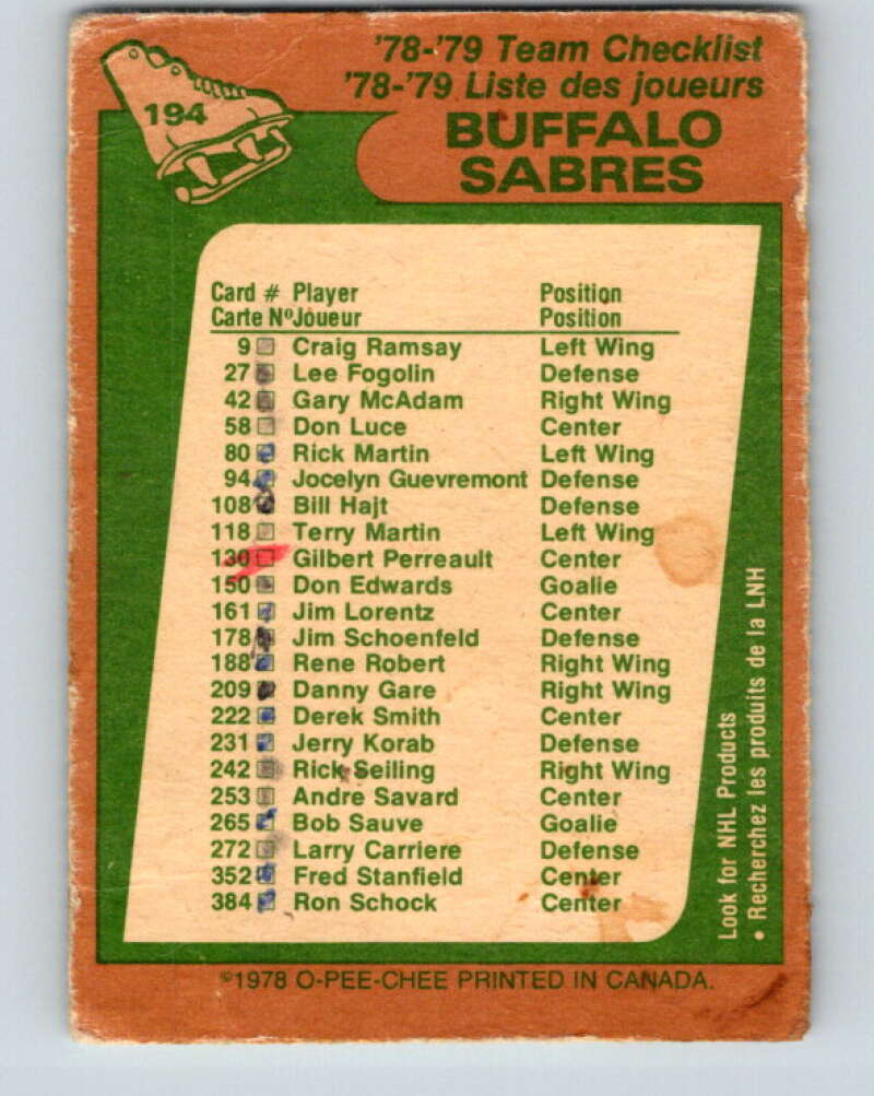 1978-79 O-Pee-Chee #194 Buffalo Sabres TC   V23611