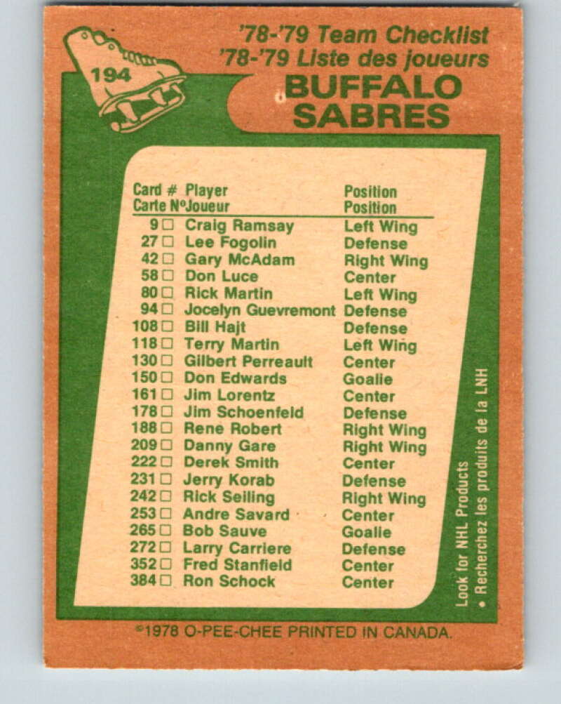 1978-79 O-Pee-Chee #194 Buffalo Sabres TC   V23613