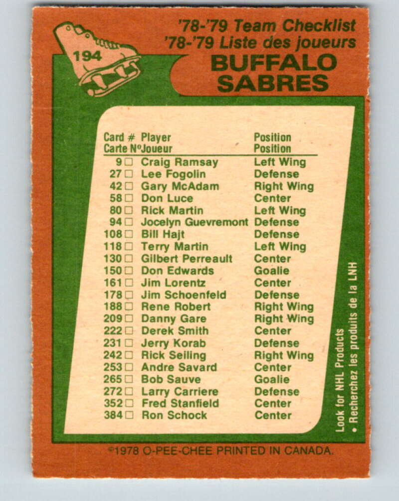 1978-79 O-Pee-Chee #194 Buffalo Sabres TC   V23615